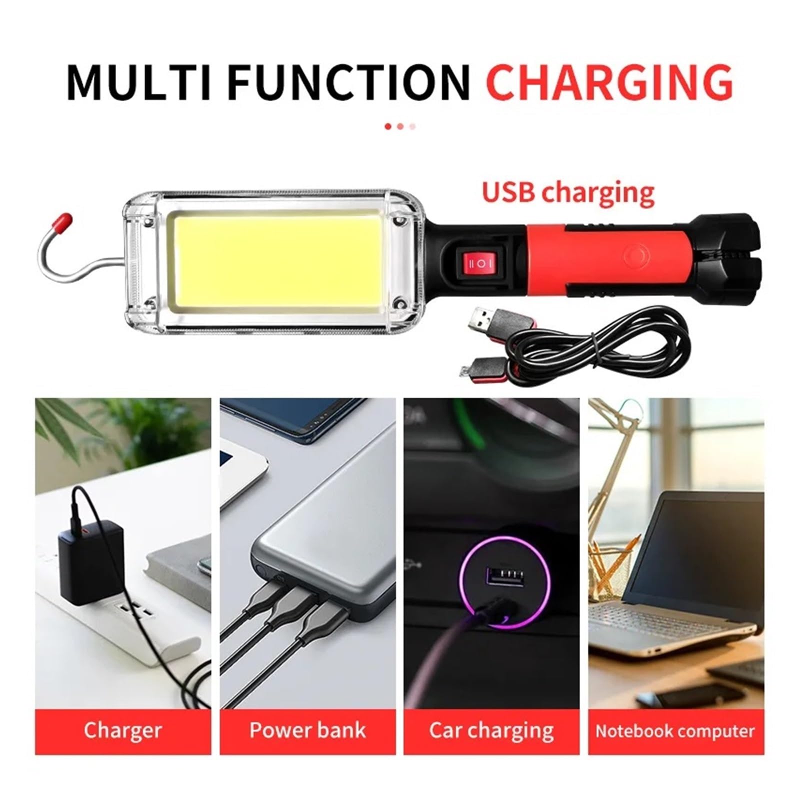 1/2/4 Piezas De Luz Trabajo, Lámpara Portátil Con Gancho Magnético, Camping, Linterna Recargable USB COB Alta Potencia, Resistente Al Agua Brillo Ultra Alto(4PCS,With battery)