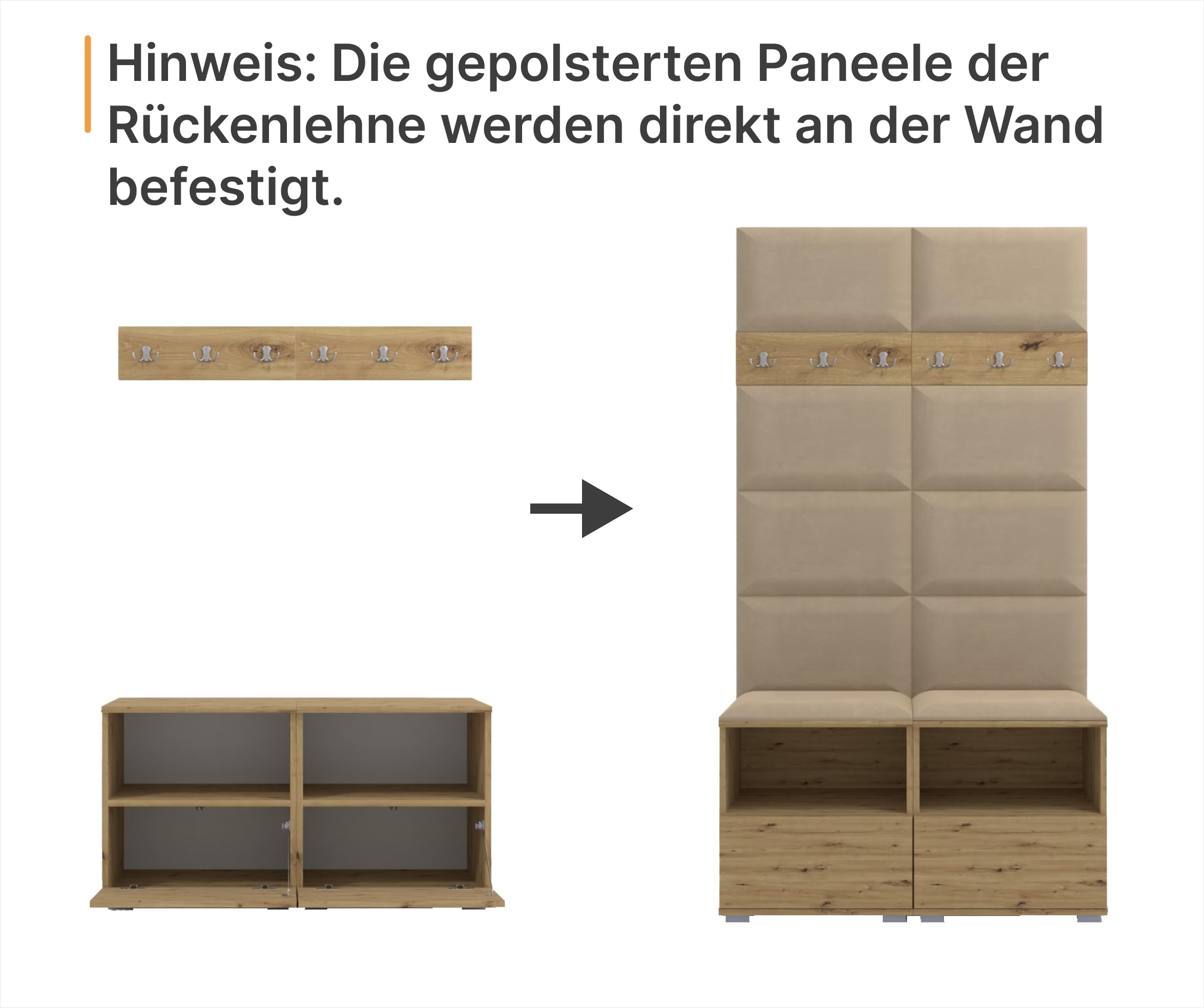 RAVIO Flurgarderobe 100 cm mit Kleiderschrank & Spiegel, Garderobenset Flur mit Schuhschrank, Sitzbank, Garderobenpaneel, Wandpolster - Weiß/Creme