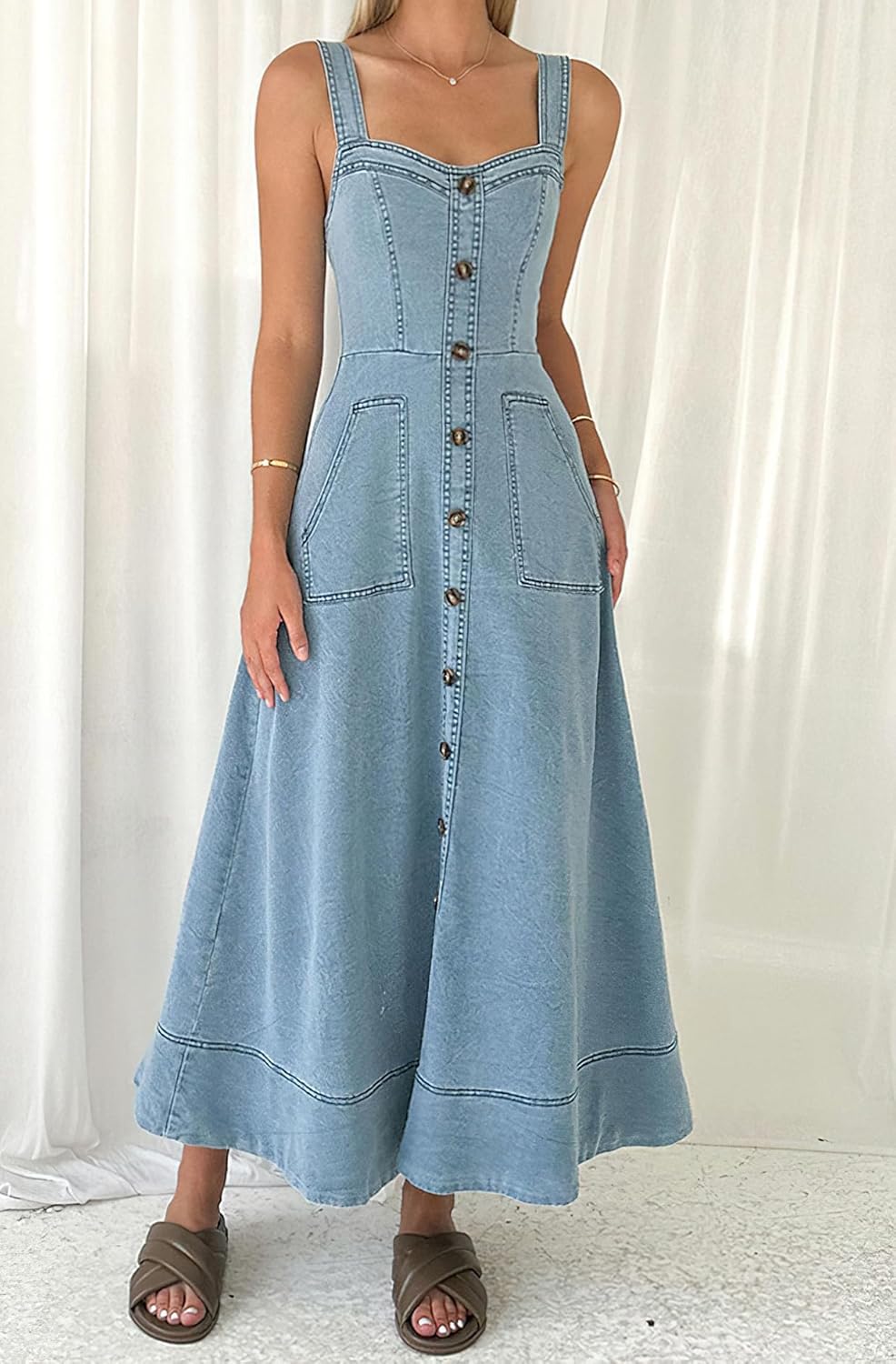 Women's Summer Adjustable Strap Sleeveless Midi Denim Dress Button Down A-Line Swing Flowy Jean Dress - Image 4