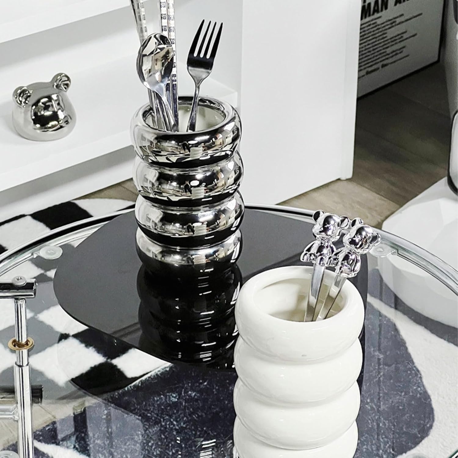Dxcaicc Utensil Holder,Large Ceramic Stable Utensil Caddy,Creative countertop Ceramic Kitchen Utensil Rack,Ceramic Kitchen Utensil Holder for Countertop,Cooking Utensils Holder for Kitchen,Silver