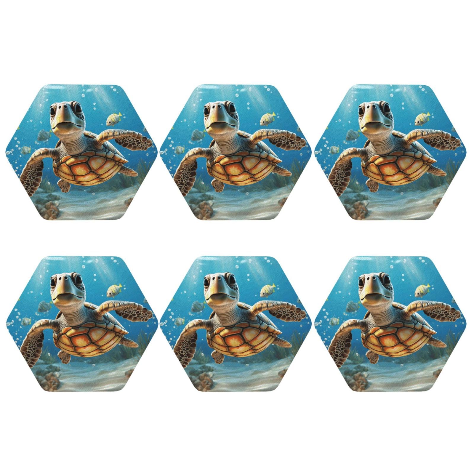 6Pcs PU Leather Coaster for Drinks, Cartoon Sea Turtle Cup Coastersr 4" Cup Mat Pad, Aesthetic Drink Coasters for Coffee Table, Hexagon Coaster for Tabletop Protection