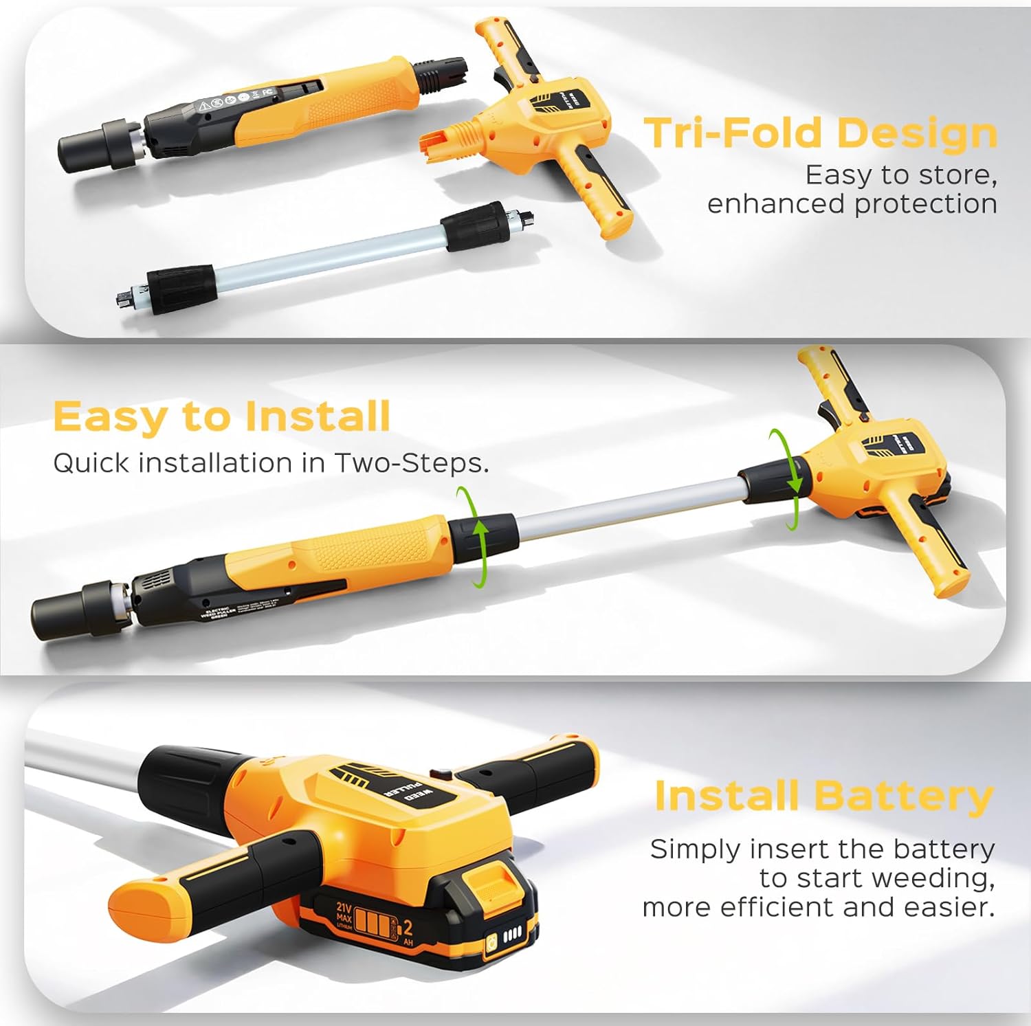 Weed Puller Tool, 21V Powerful Electric Weeder Tool with 2.0Ah Battery and Charger, Garden Tools Weed Remover Tool with 3-Claw Steel Head for Smooth Weeding, Ideal Gifts for Men Women Mom Dad, Yellow