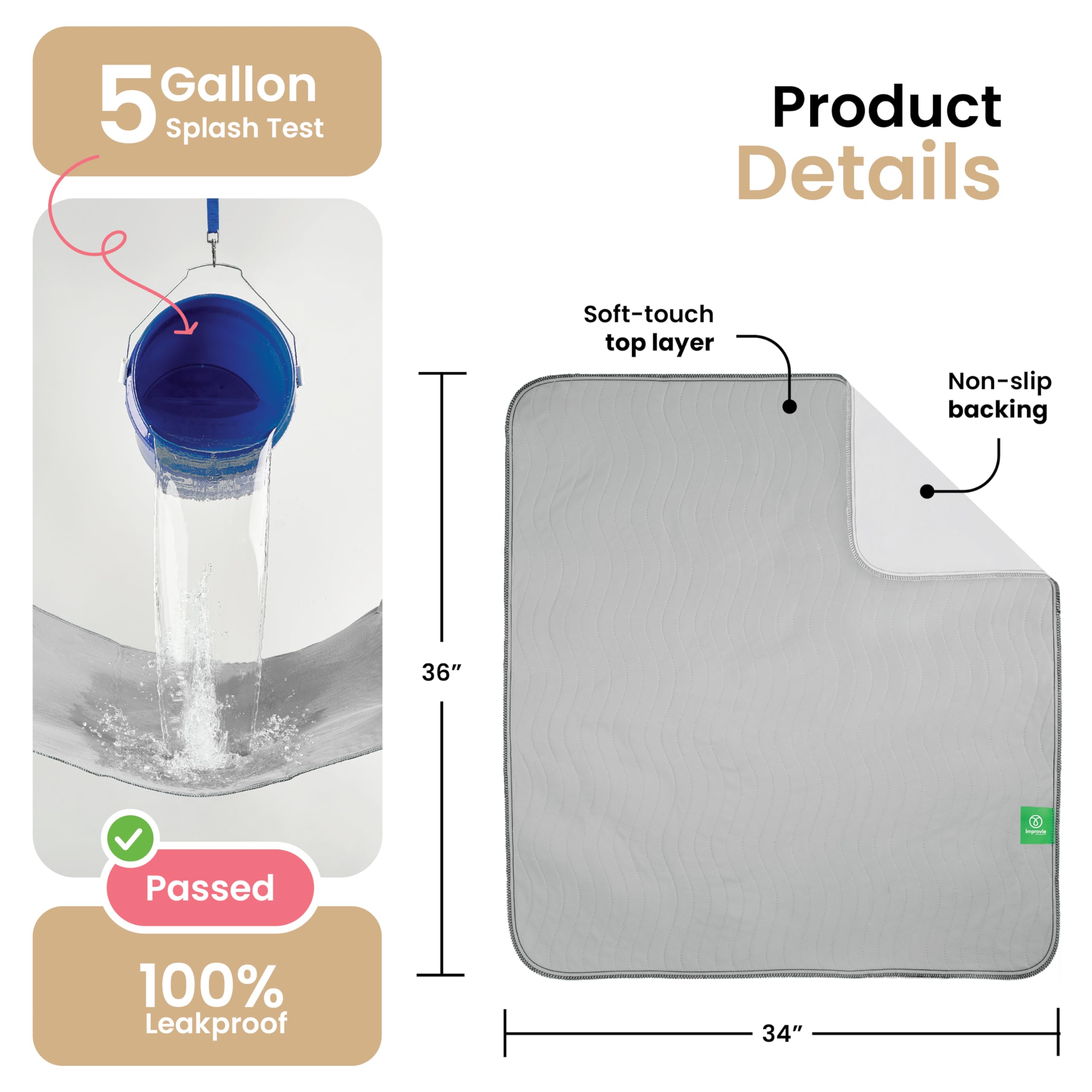 IMPROVIA® Almohadillas lavables de gran absorción reutilizables para incontinencia para niños, adultos, ancianos y mascotas, protección impermeable para cama, sofá, muebles, suelo (paquete de 4, 34 x