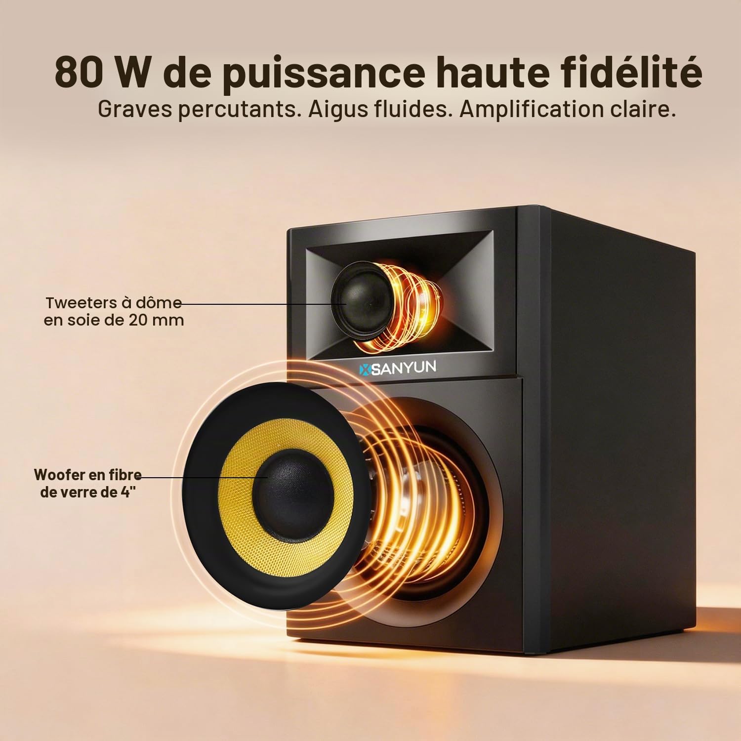 Sanyun SW205 Enceintes Bibliothèque 2.0 4”, Scène Sonore Élargie, Dual-DSP | DAC 24 bits Intégré, Bluetooth 5.4/Optique/AUX, Woofer Fibre de Verre 80W 10cm, Tweeter Soie, Télécommande RF (Paire, Noir)