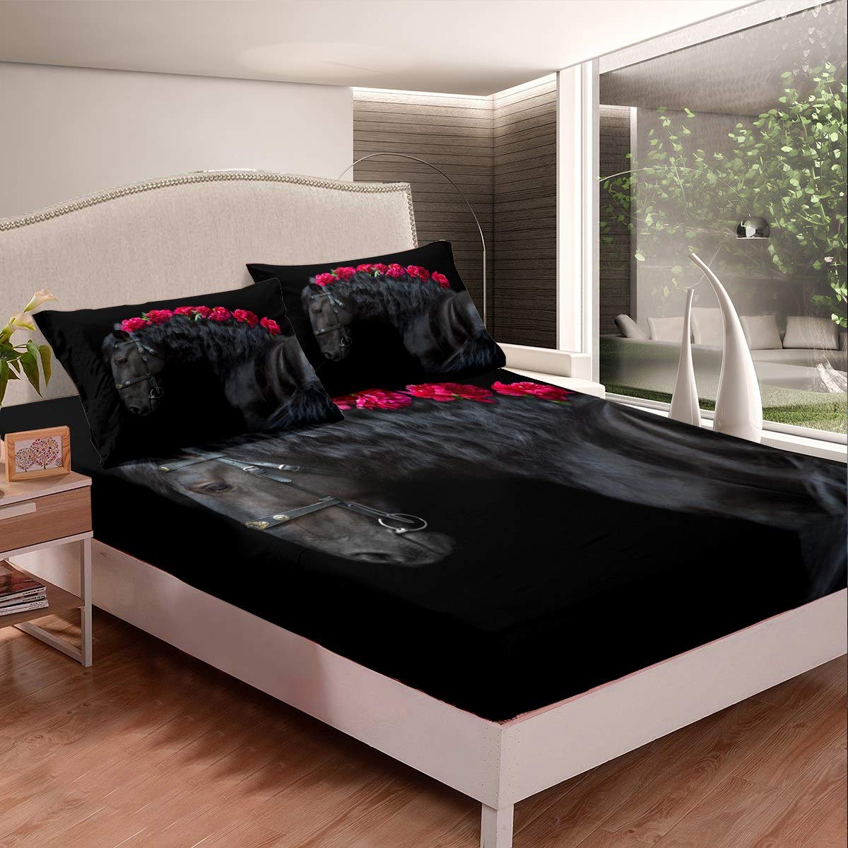 Parure de lit filles animaux sauvages 3D et fleurs rouges avec 2 taies