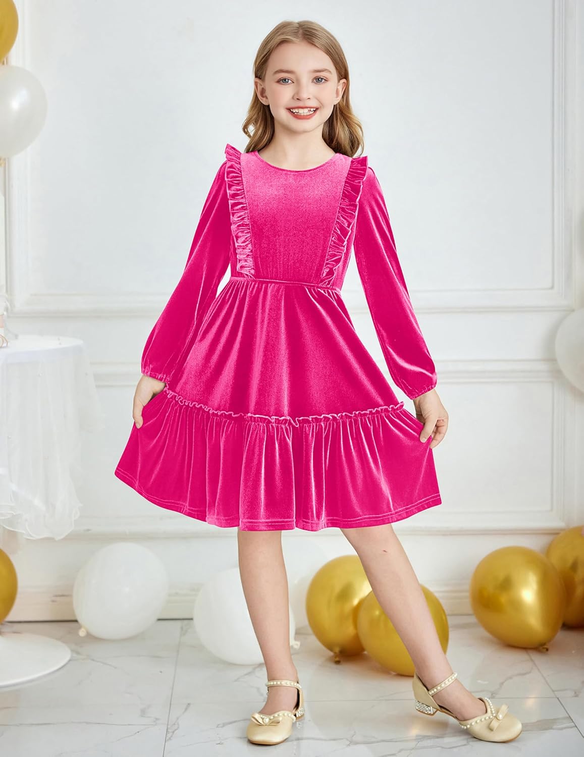 Arshiner Girls Dress Long Sleeve Ruffled Hem Casual Velvet Dress with Pockets 5-14 Years - Image 2