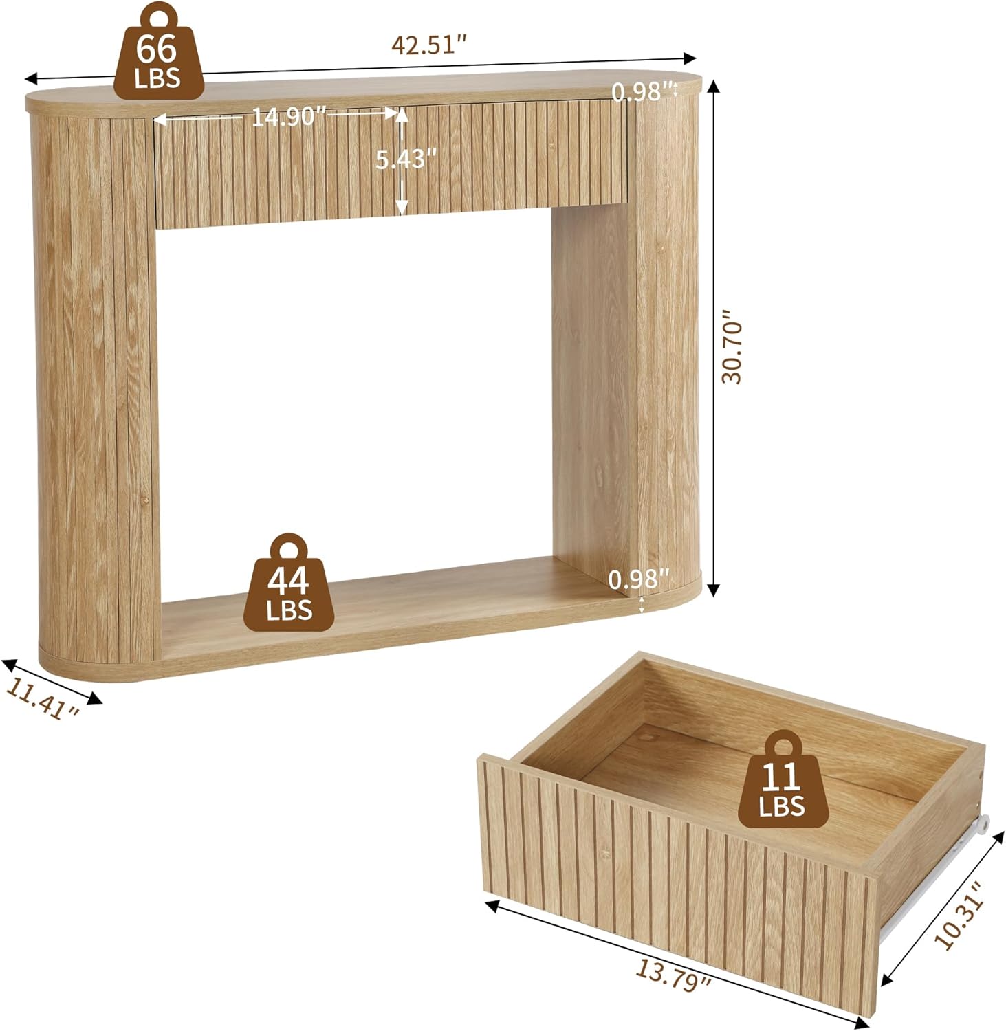 42.5” Console Table with 2 Drawers, Fluted Entryway Table with Rounded Corners, Rectangular Sofa Table Behind Couch for Living Room, Hallway, Foyer (Natural)