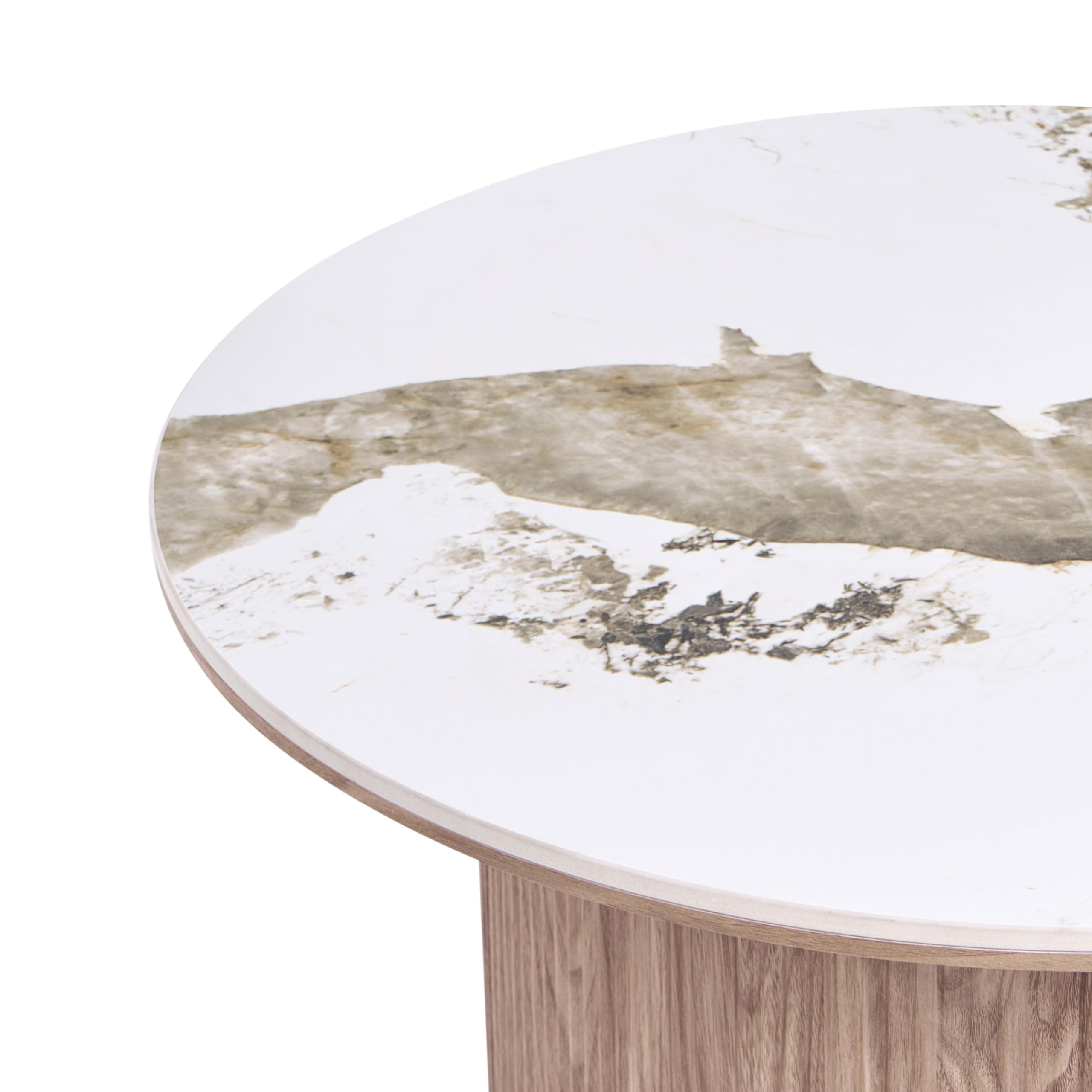 Beliani Couchtisch Keramik Marmor Optik weiß/braun rund ⌀ 80 cm mit Rillen Standfuß Dora