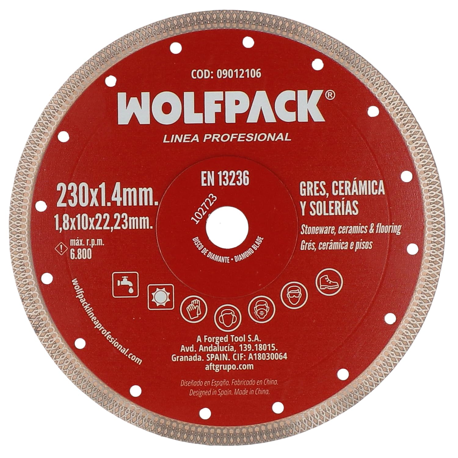 Disque diamant Ø 230 mm. Porcelaine, grès, céramique, solerias. Segment diamant 10 mm.