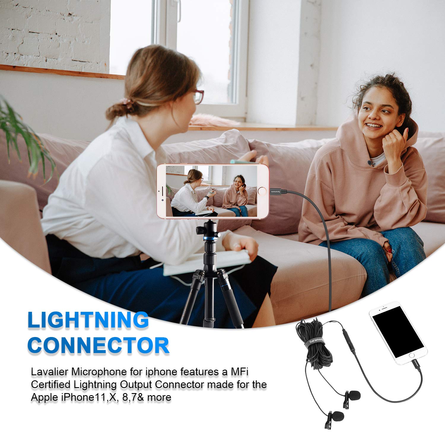 Saramonic LavMicro U1C Micrófonos de solapa digitales de doble cabezal Micrófono de solapa omnidireccional con adaptador de enchufe Lightning Compatible con iPhone iPad iOS MAC para YouTube Video