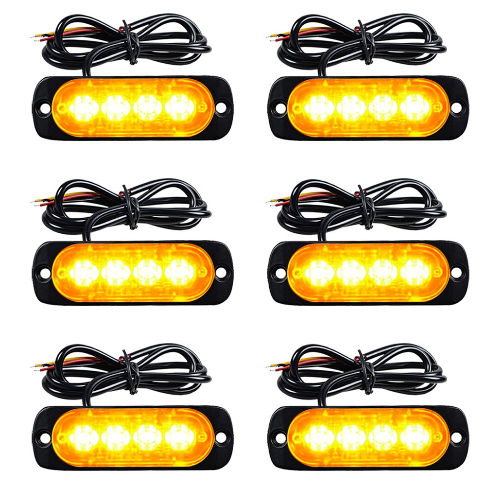 Surface Mount 12W 4-LED Warning Emergency Flashing Strobe Light Bar 12V-24V (6pcs, Amber)