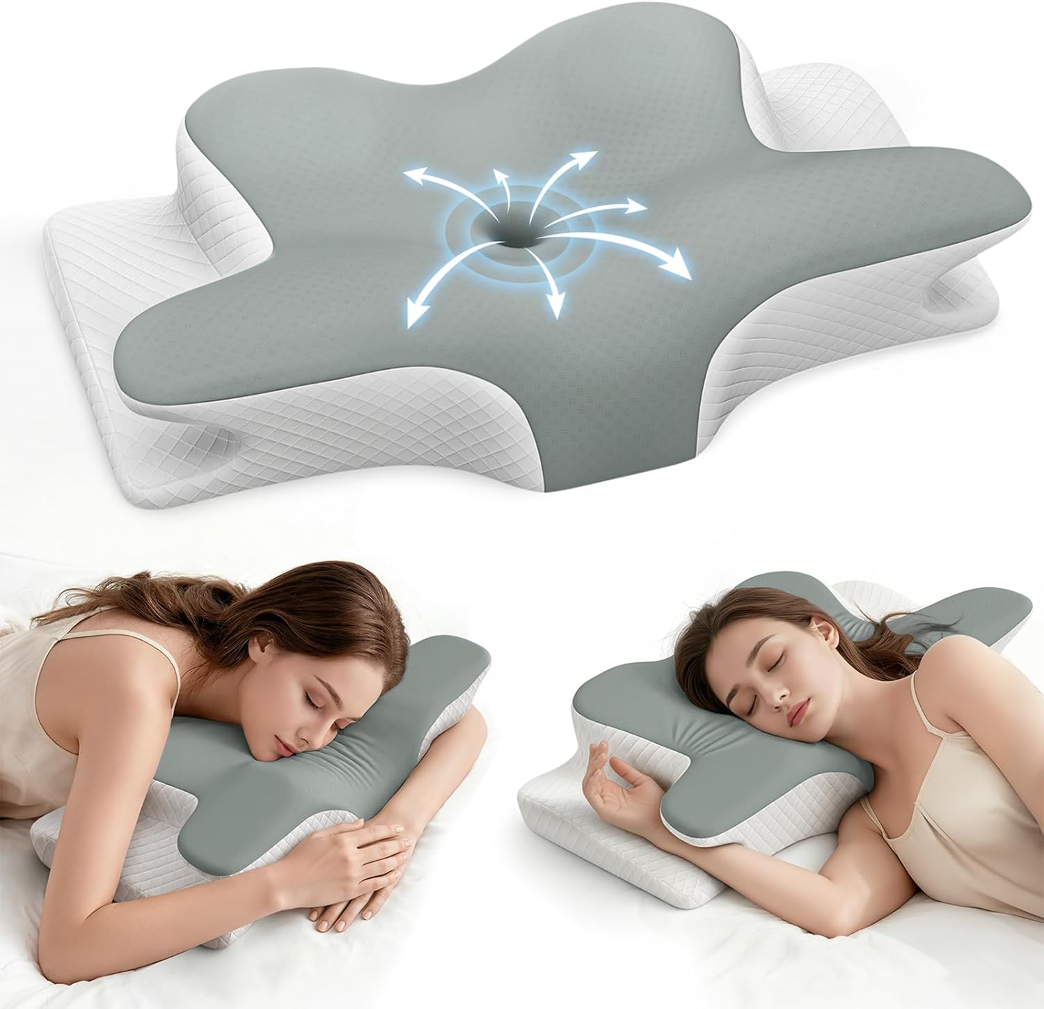 BUWAN Cervical Neck Pillow, Ergonomic Contour Memory Foam Pillow with Cooling Breathable Case, Neck and Shoulder Support for Side Back Stomach Sleepers, Washable Cover, Compact, Grey
