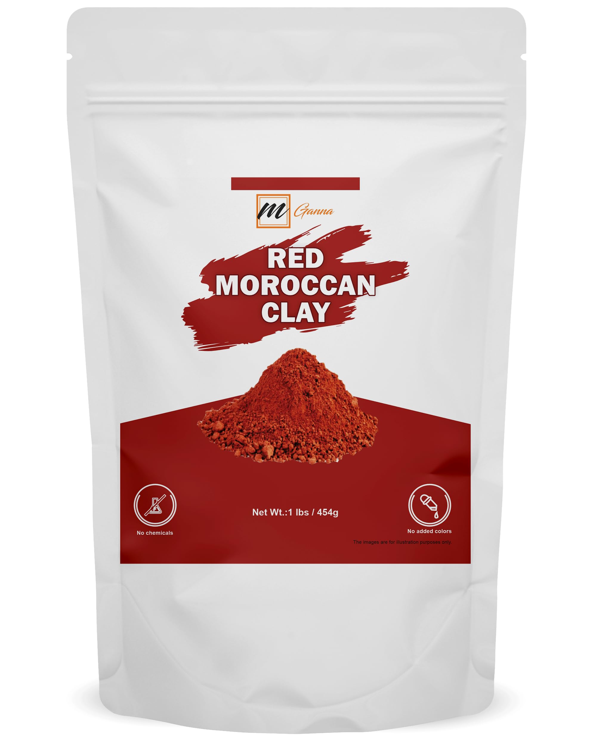 mGanna 100% Natural Moroccan Red Clay Powder for Anti-Ageing & Skin firming, Hair Masks, Scrubs, Creams and Soap Making 1 LBS / 454 GMS
