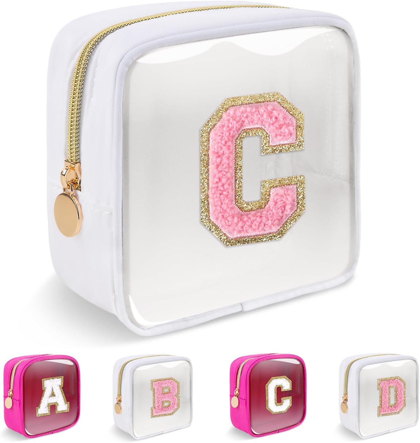 Personalized Initial Letter Clear Preppy Makeup Bag,Mini Nylon Chenille Letter Cosmetic Bag Cute Zipper Pouch Purse for Teen Girls,Portable TSA Approved Beach Travel Essentials Bag Gift for Women,C