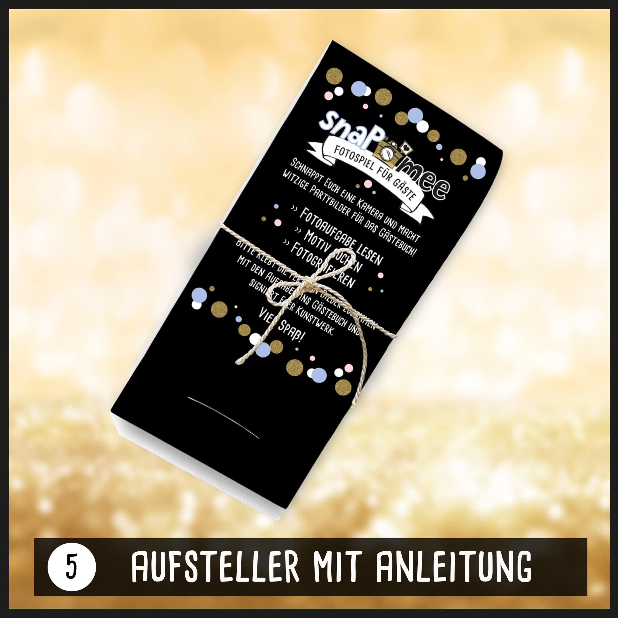 Fotospiel Set 40 Geburtstag by snaPmee - Fotoaufgaben, Hardcover-Gästebuch (21x21cm), Stift, Sticker, Aufsteller - Party-Spiel für Gäste