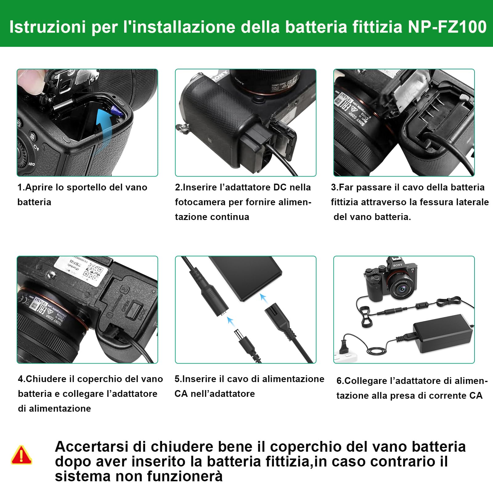 NP-FZ100 A7III A7IV Batteria fittizia Kit adattatore di alimentazione per fotocamere Sony A7 III, A7 IV, A7S III, A7R III, A7R IV, A7R V, A7C, A1, A9, A9 II, A6600, A6700, FX3, FX30, ZV-E1
