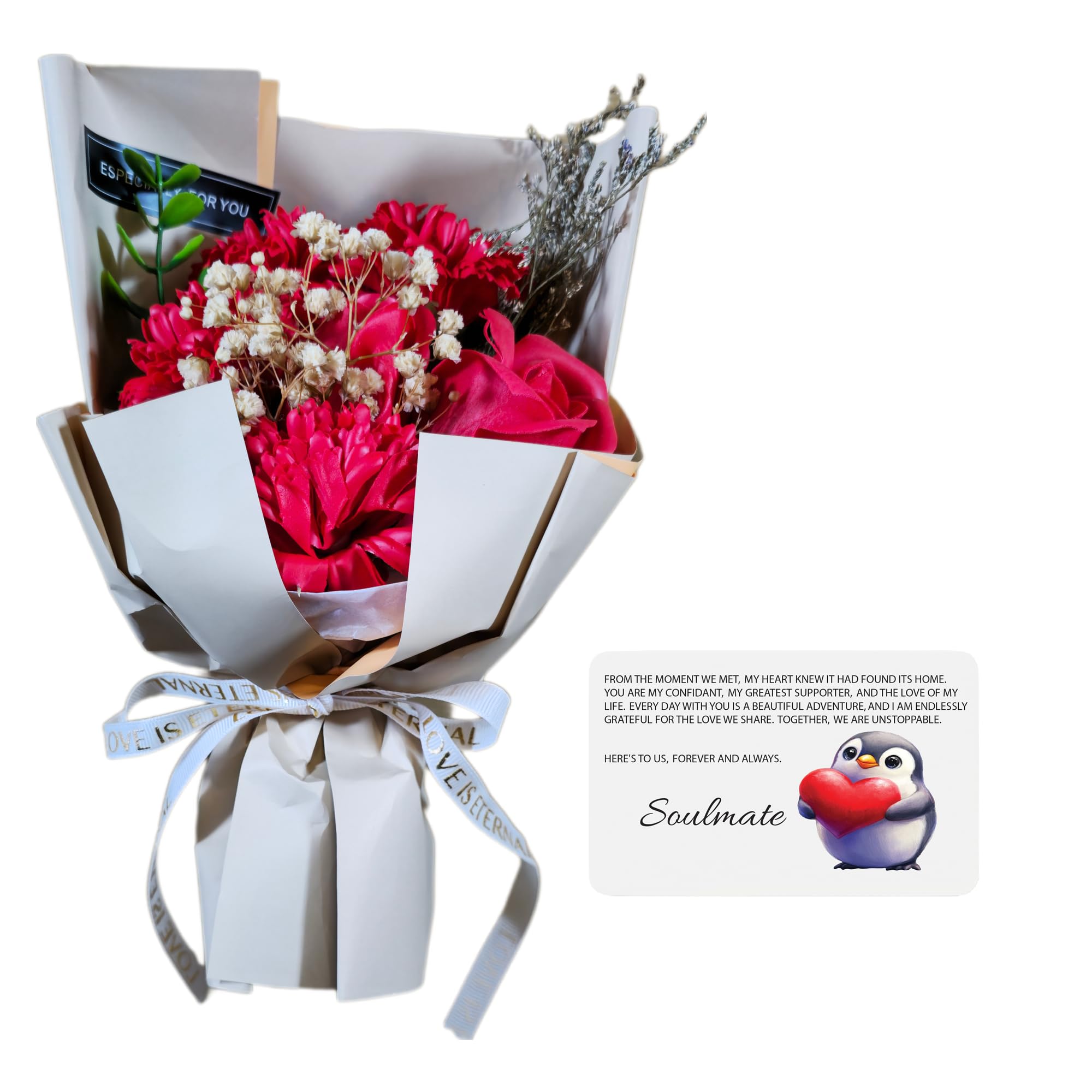 Bouquet de fleurs de savon rose avec carte en aluminium de qualité supérieure « To My Soulmate » - Cadeau idéal pour la Saint-Valentin, un anniversaire ou un anniversaire pour petite amie, épouse,