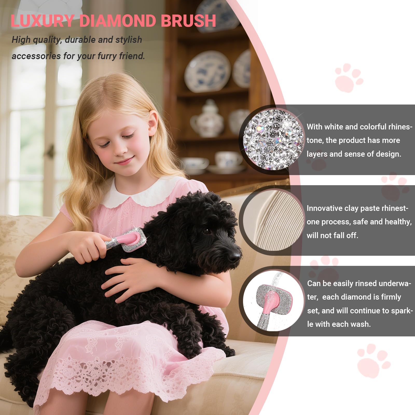 WOOFUU Pet Grooming Brush with Ceramic Clay Craft & Diamond Embedded Design, Washable - Image 4