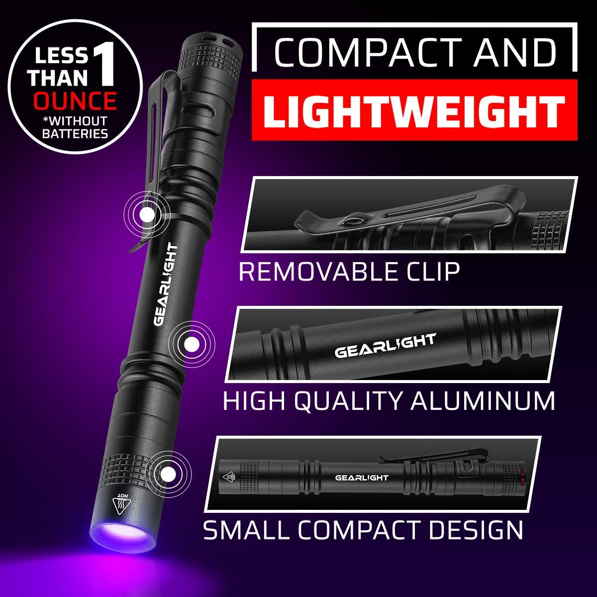 GearLight UV Black Light Flashlight S100 [2 Pack] - Mini Blacklight Ultraviolet Pen Lights for Leak and Hotel Inspection - Pet Urine, Bed Bug, Scorpion, Stain, and Dye Detector