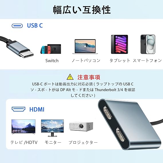 USB C Dual HDMI Converter Adapter Hub Type C Multi Display 3 Screen Output, Dual 2 Screen Dual Monitor Play Adapter 4K@60Hz 2-IN-1 Type C HDMI 2 Port Expansion Splitter Extension Mode Compatible with