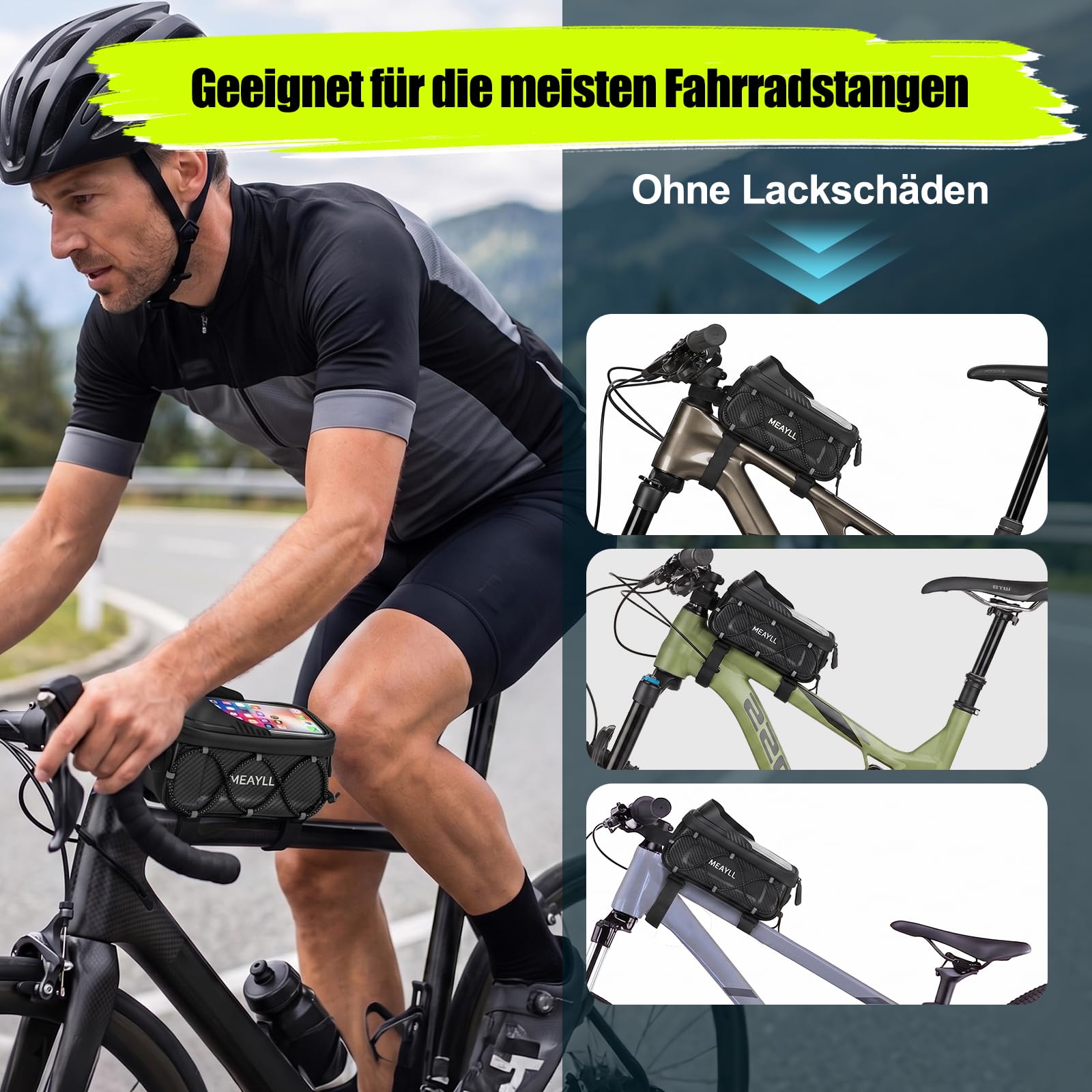Fahrradtasche Rahmen 1,6L Wasserdicht I Rahmentasche Fahrrad mit Handyfenster & Touchscreen I Oberrohrtasche Fahrrad Klettverschluss – Ideal für Bikepacking, E-Bike, MTB, Gravelbike, Rennrad