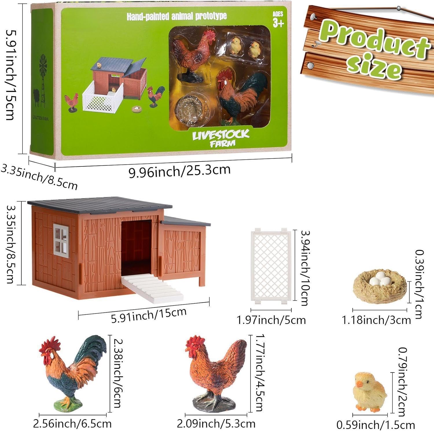 Skylety 9 Pieces Easter Chicken Figurine Chicken Model Playset Farm Action Figures Fences Around Building Blocks Farm Coop Set Birthday Party Present Animal Christmas Easter Gift
