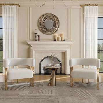 Ivory Velvet Accent Chairs Set of 2 Modern Gold Legged Barrel Armchair with Curved Back, Comfy Vanity Seating for Living Room, Bedroom& Reception