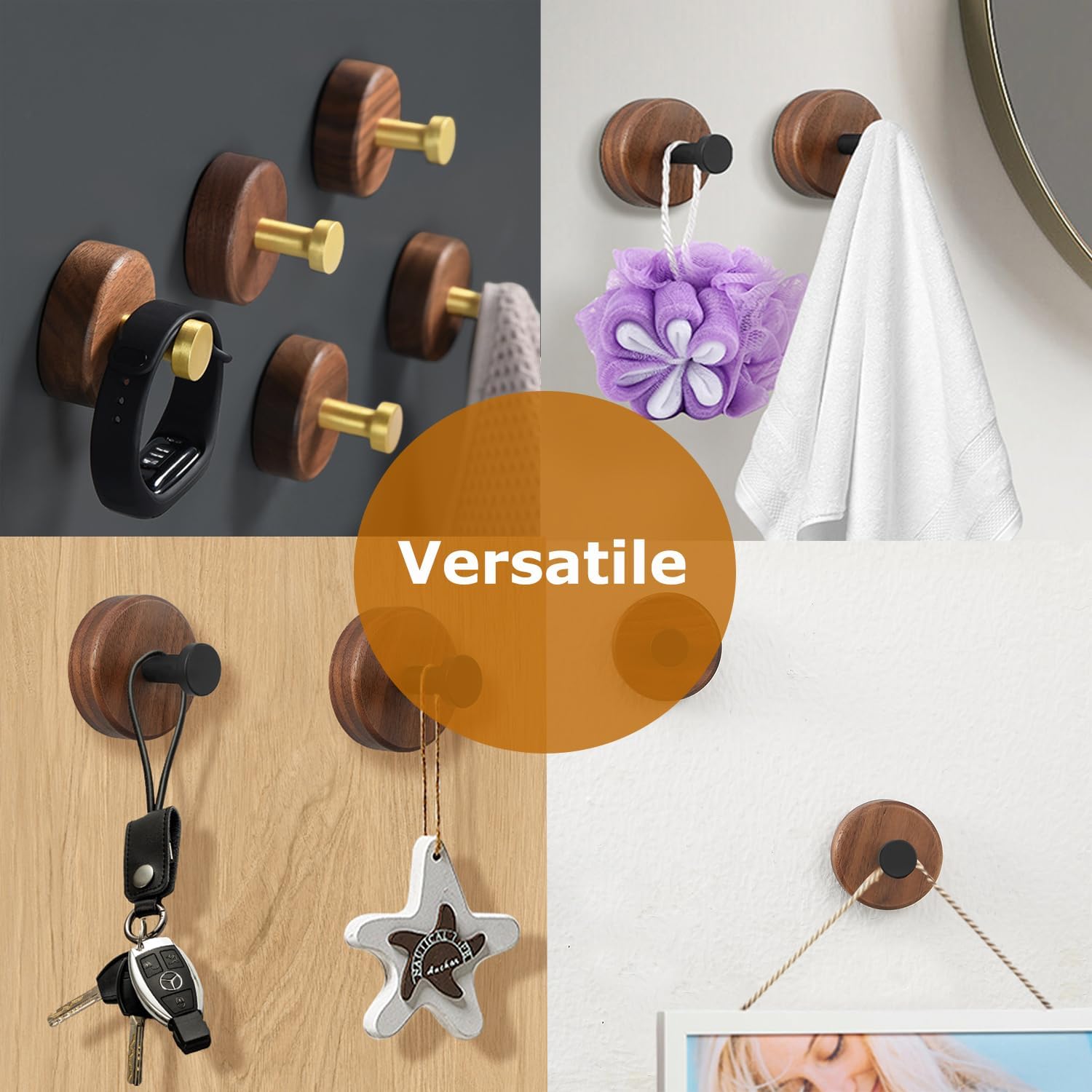 4 Packs Premium Wood Coat Hooks Wall Mounted, Heavy Duty Towel Hooks for Bathroom,Two-Way Installation Provided (Screw in & Adhesive),Rustic Gold Wall Hooks(Walnut)