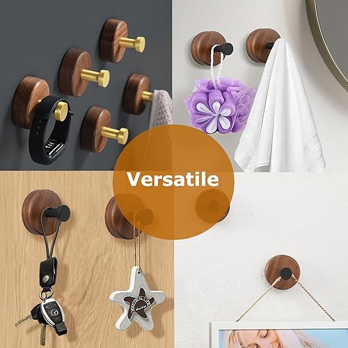 Miniatura 4 de Ganchos adhesivos de madera para pared, paquete de 3 ganchos decorativos de madera de nogal natural para colgar sombreros, toallas, batas, llaves,