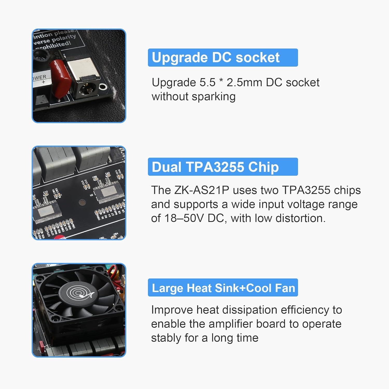 ZK-AS21P Bluetooth Amplifier Board – 300W+300W+600W Output, 18-50V DC Wide Voltage Input, Vehicle Amplifier (ZK-AS21P)