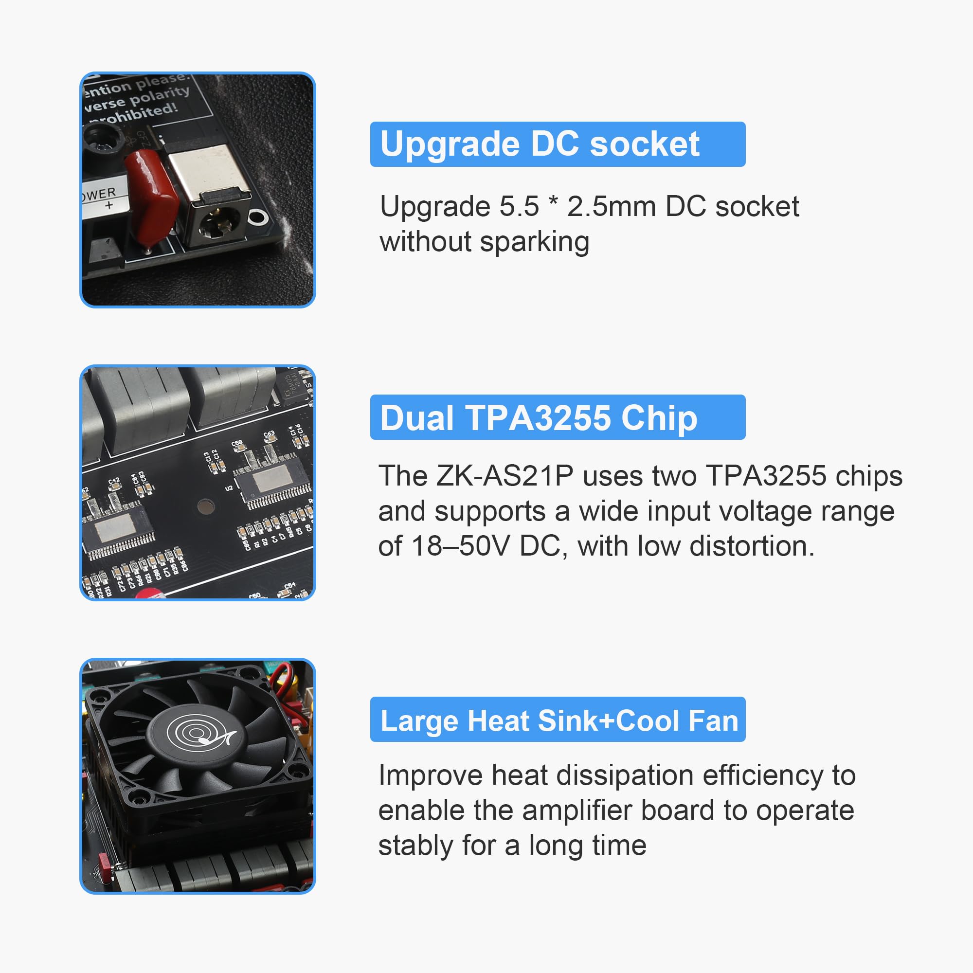 ZK-AS21P Scheda amplificatore Bluetooth - Uscita 300W+300W+600W, Ingresso ad ampia tensione CC 18-50V, amplificatore per veicoli (potenziatore esterno)
