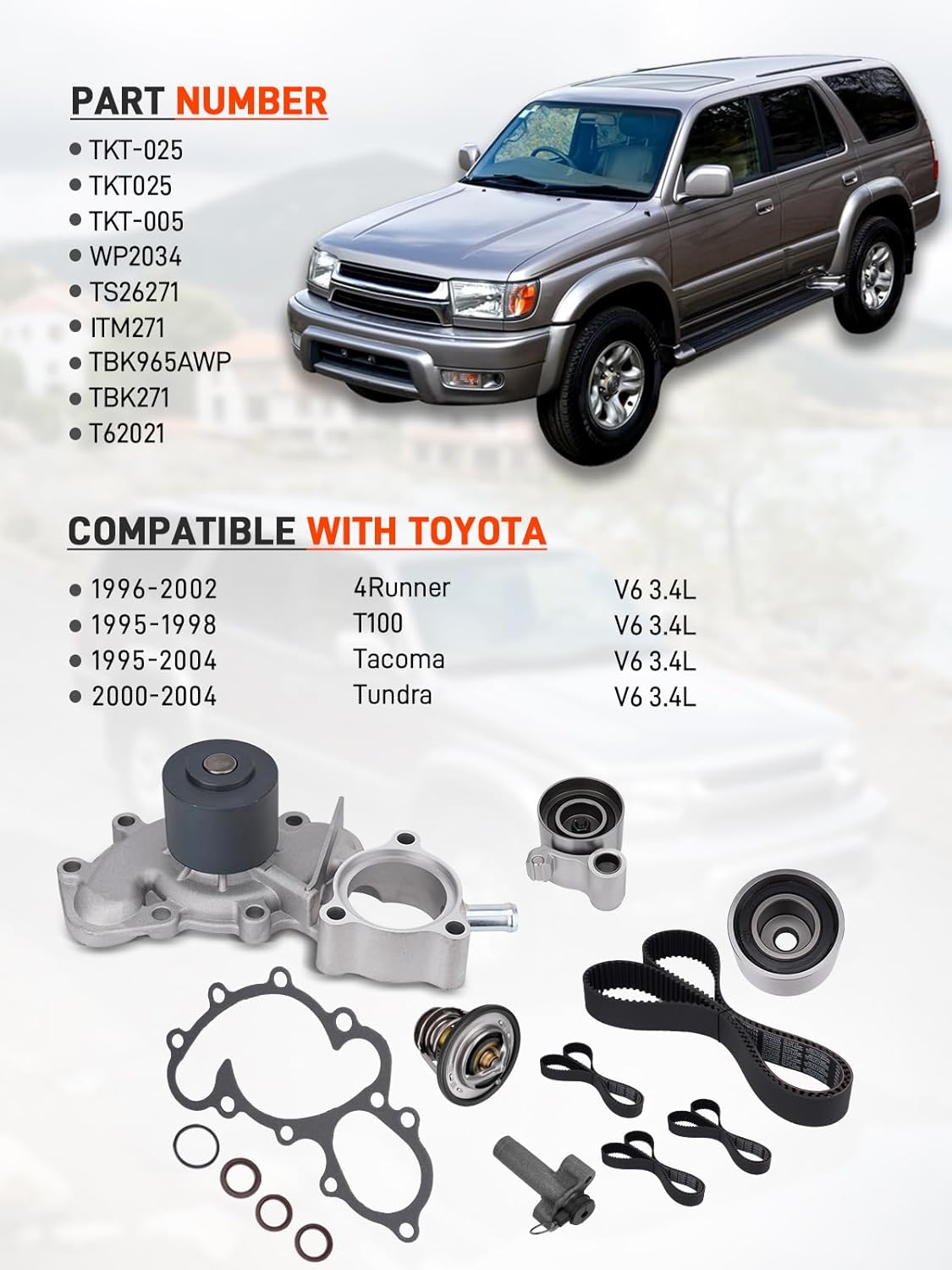 Engine Timing Belt Kit with Water Pump Compatible with Toyota Tacoma 4Runner Tundra T100 1995-2004, 3.4L V6 5VZFE DOHC Replcae # TKT-025 TBK965AWP
