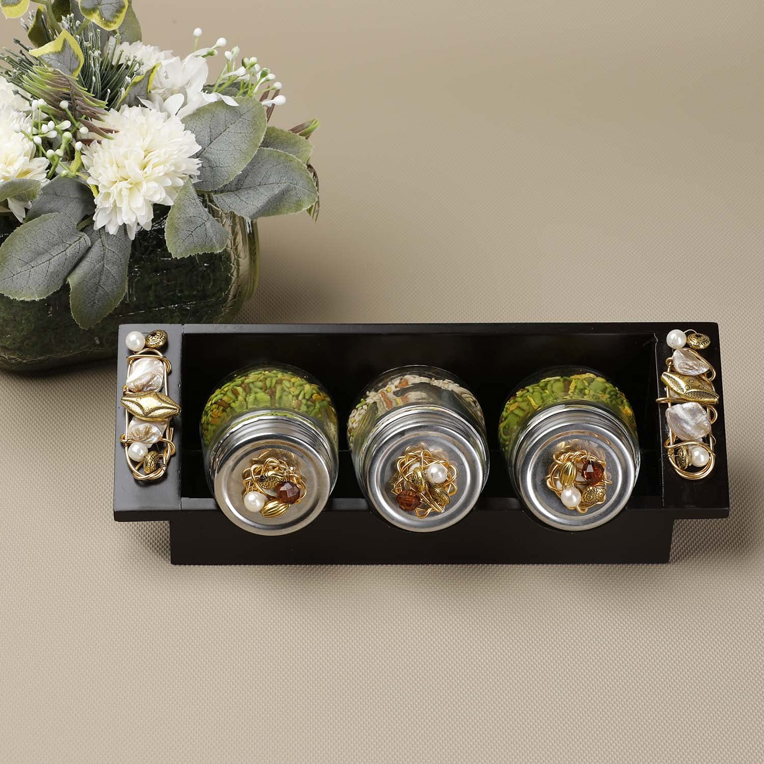 COCKTAIL Wooden Dual Positioning 3 Glass Jars Set with Airtight Lid - Condiment Box Mukhwas Container Refreshment Box Saunf Container Set Table Top Mukhwas Tray Set for Dinning Table (Copper) (B08Y8ZTQD7) Amazon Price History, Amazon Price Tracker