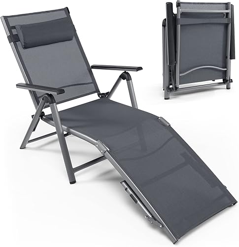 Miniatura 8 de Tangkula Tumbona de aluminio para exteriores, tumbona plegable para patio con 8 respaldos y 2 posiciones ajustables de patas, sillón reclinable con