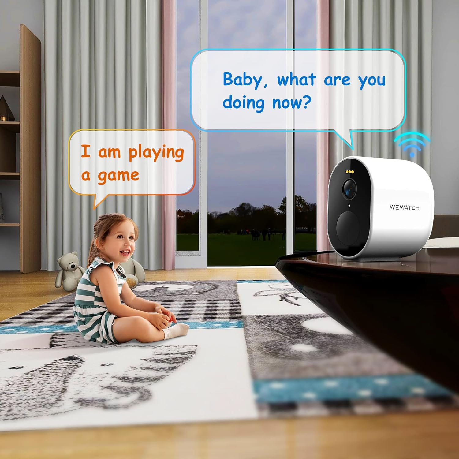 Two-way audio communication feature of WEWATCH camera with a child