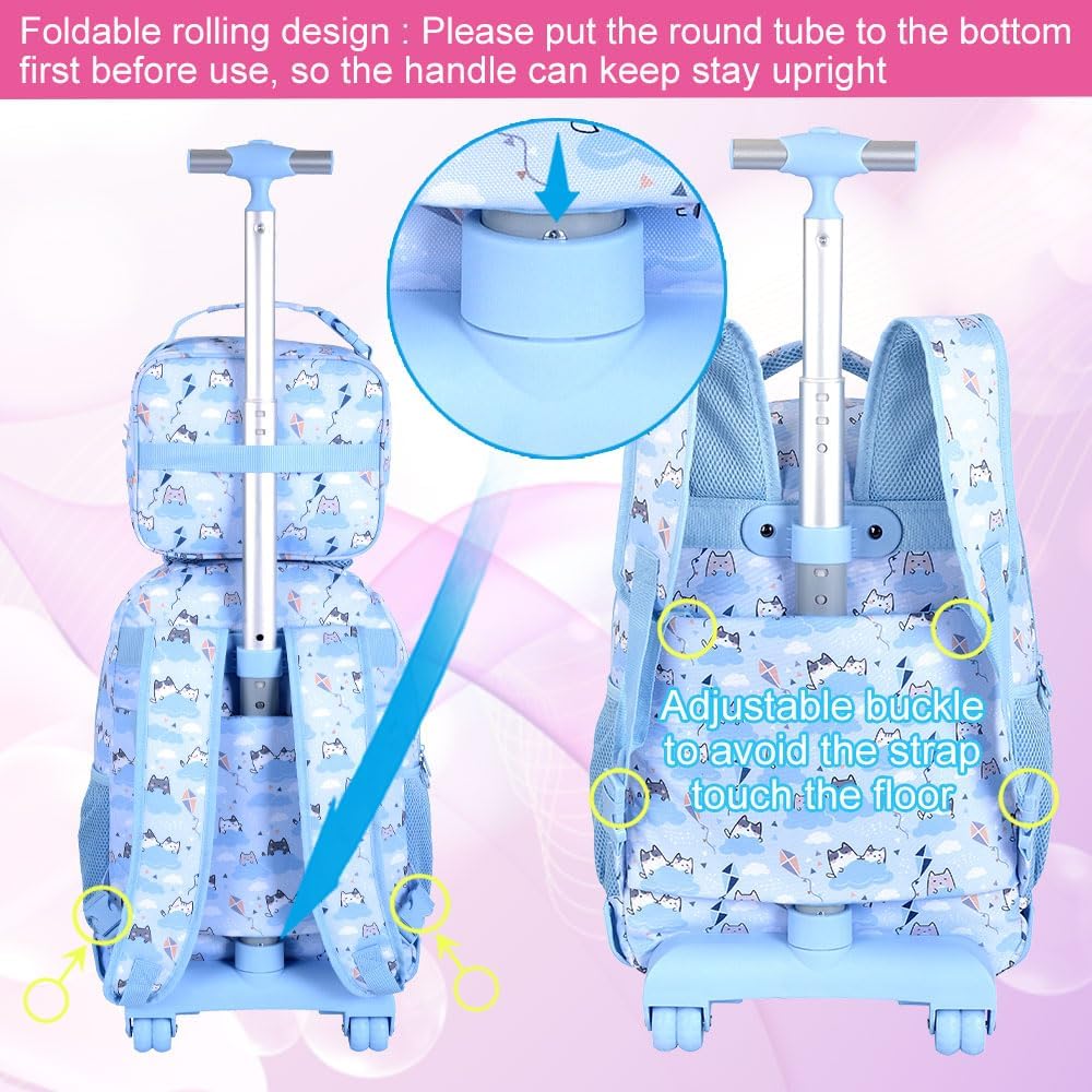 Rolling Backpack for Girls and Womens, 3PCS Roller Bookbag with Lunch Bag for Kids, Wheeled School Bag for Children - Blue Cloud Cat - Image 2