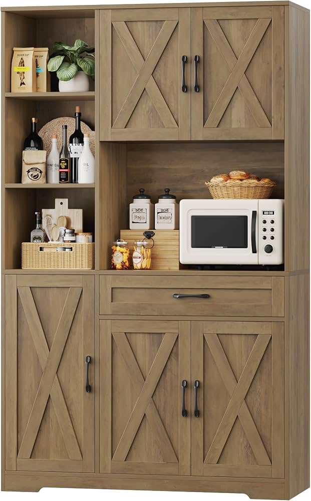 HOSTACK 71" Tall Kitchen Pantry Storage Cabinet, Farmhouse Food Pantry Cabinet with Microwave Stand, Barn Doors Kitchen Hutch with Large Drawer and Shelves for Dining Room