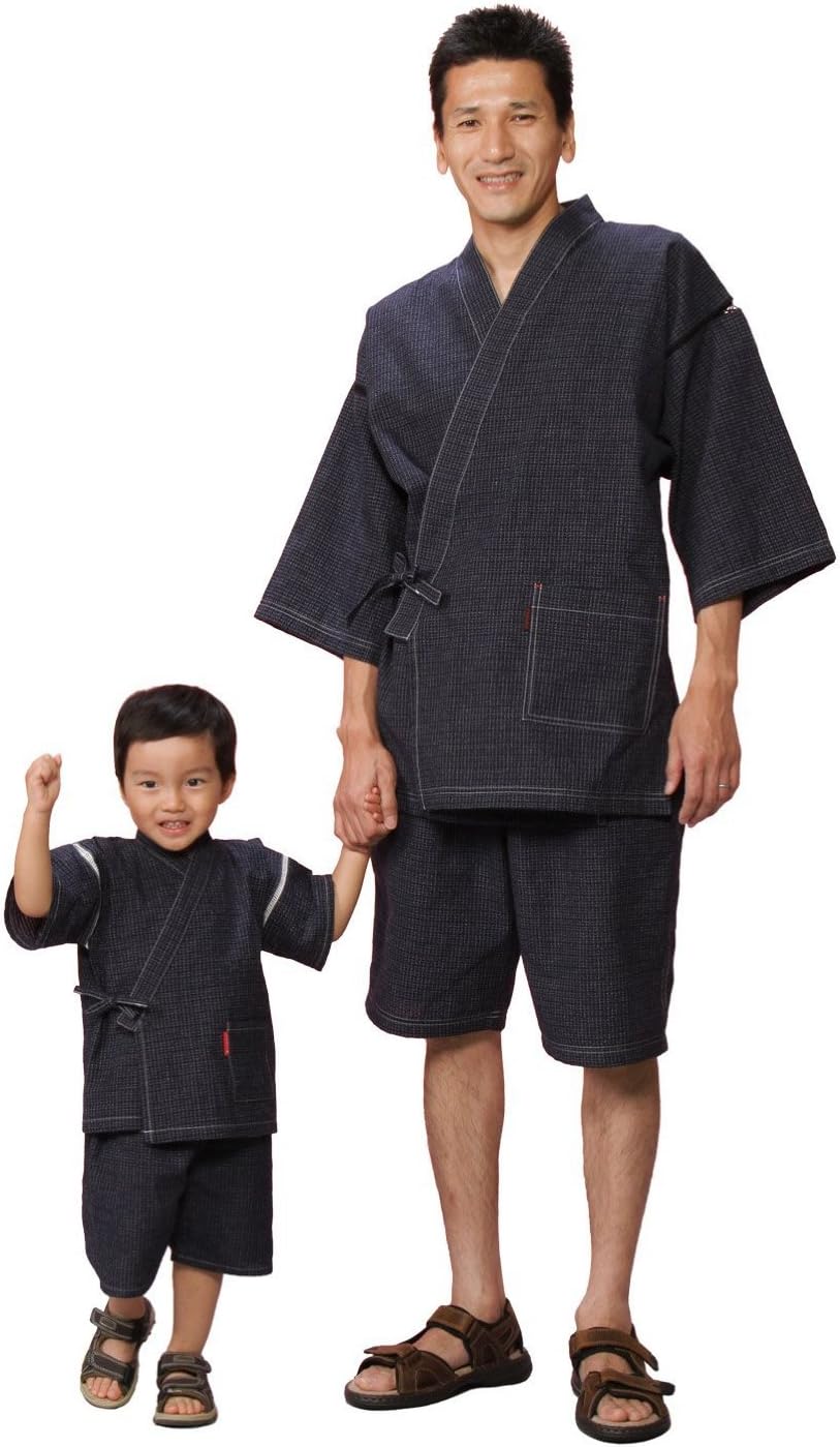 Amazon | 綿の郷(ワタノサト) 日本製 お子様用久留米ちぢみ織り文人柄甚平 子供甚平 キッズ (90, 紺) | 着物・浴衣 通販