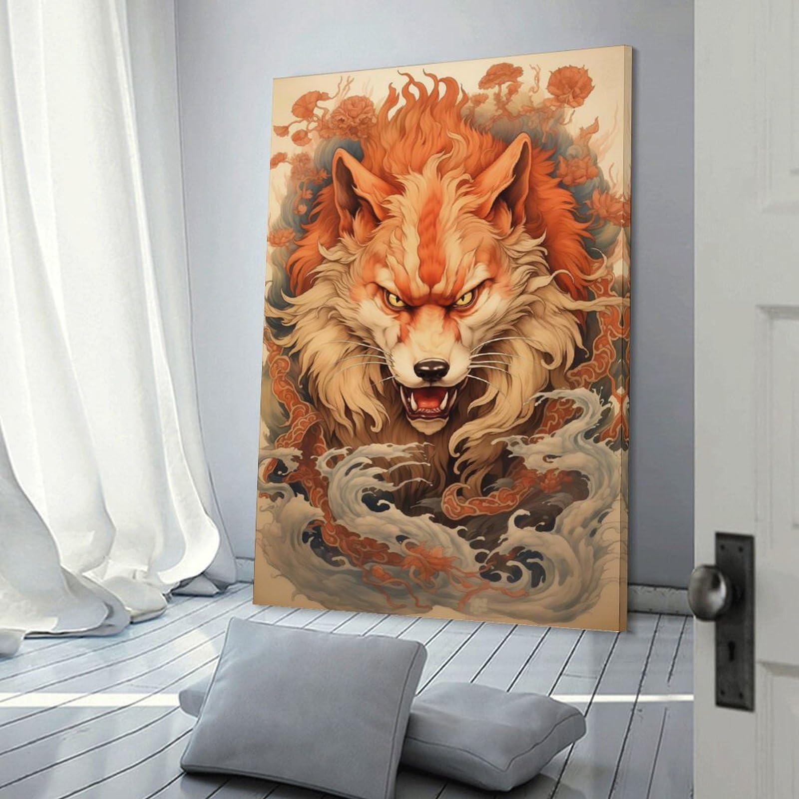 Junmoney Japanese Kitsune Fox Canvas Wall Decor 20x30inch(50x75cm), for Feature Walls in Flats Or Modern Rooms, Decorative Artwork with Flexible Styling