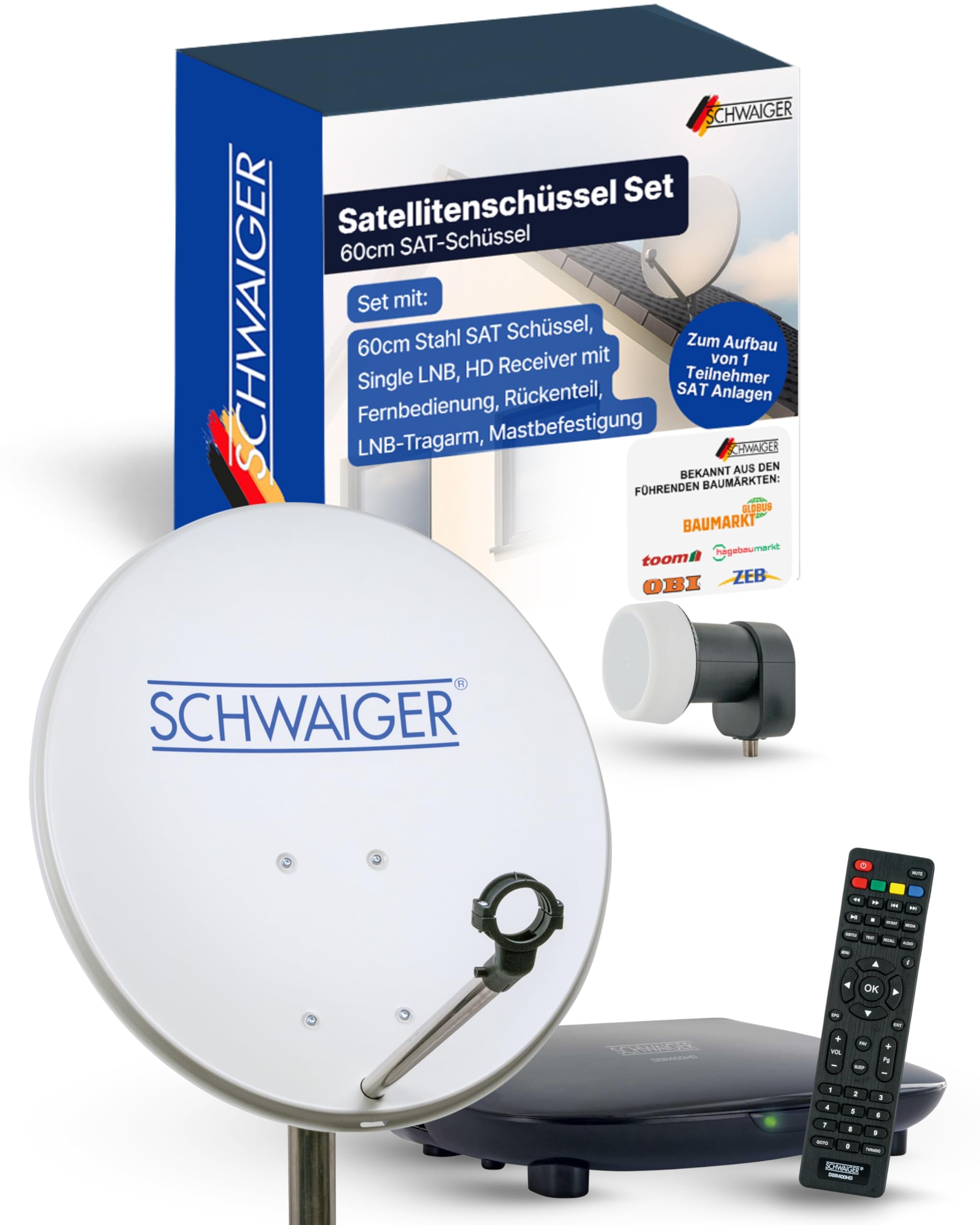 SCHWAIGER Satellitenschüssel Komplettset I Ø 60 cm Stahl Offset Antenne in Hellgrau I Inkl. Single LNB 1-Fach & HD SAT-Receiver mit Fernbedienung I Digital HD Empfang I Integrierte Kabelführung