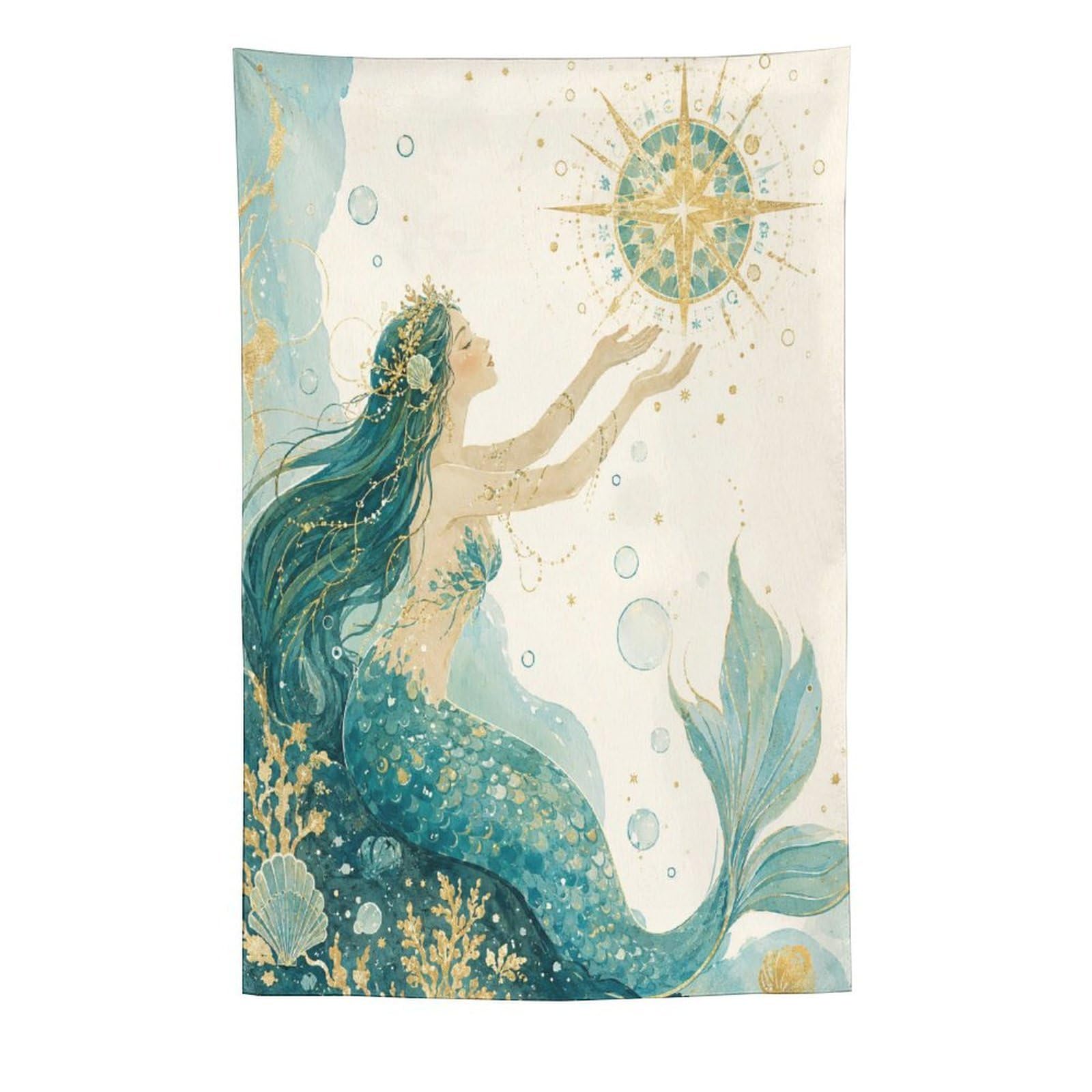 H3B8U2Y5 Mermaid with Golden Sun Wall Tapestry, Watercolor Style, Bedroom