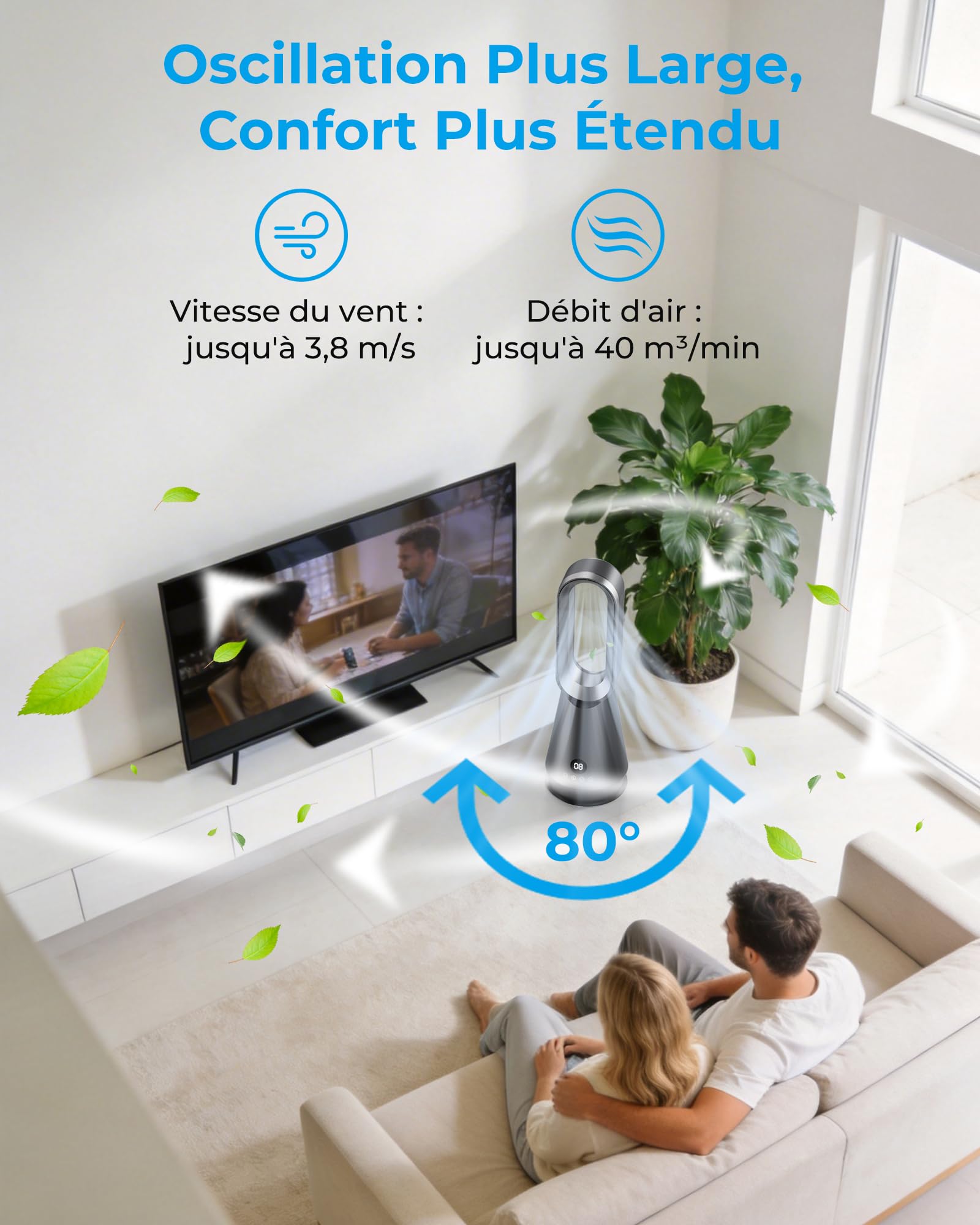 22" Ventilateur Sans Pale, Ventilateur Colonne Purificateur D'air Avec Télécommande, 8 Vitesses, Minuterie 9H, Silencieux pour Chambre, Maison, Bureau, Gris Argenté