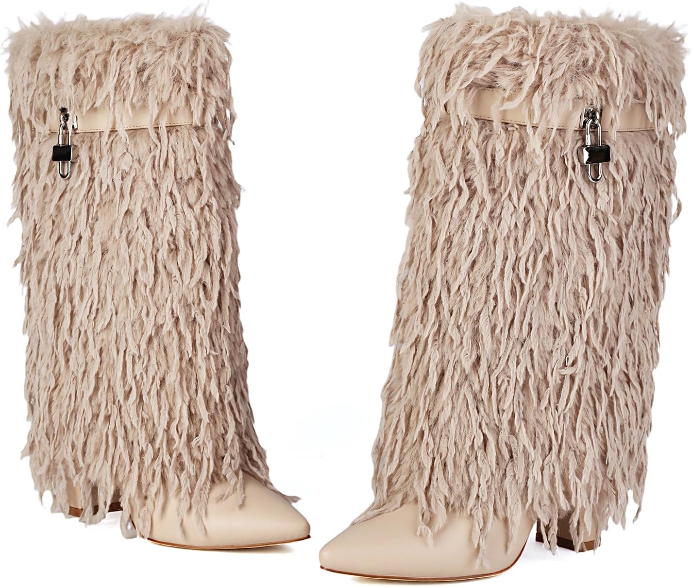 AIJIVOU Women Fold Over Faux Fur Mid Calf Boots Chunky Heel Point Toe Shark Boot Fashion Pull On Short Booties with Padlock - Image 7