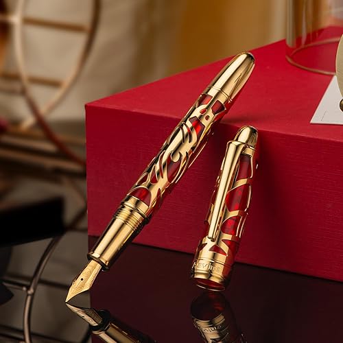 Miniatura 4 de Asvine P80 Pluma estilográfica de llenado de pistón de punta media, esqueleto araña transparente acrílico rojo estuche y juego de llaves