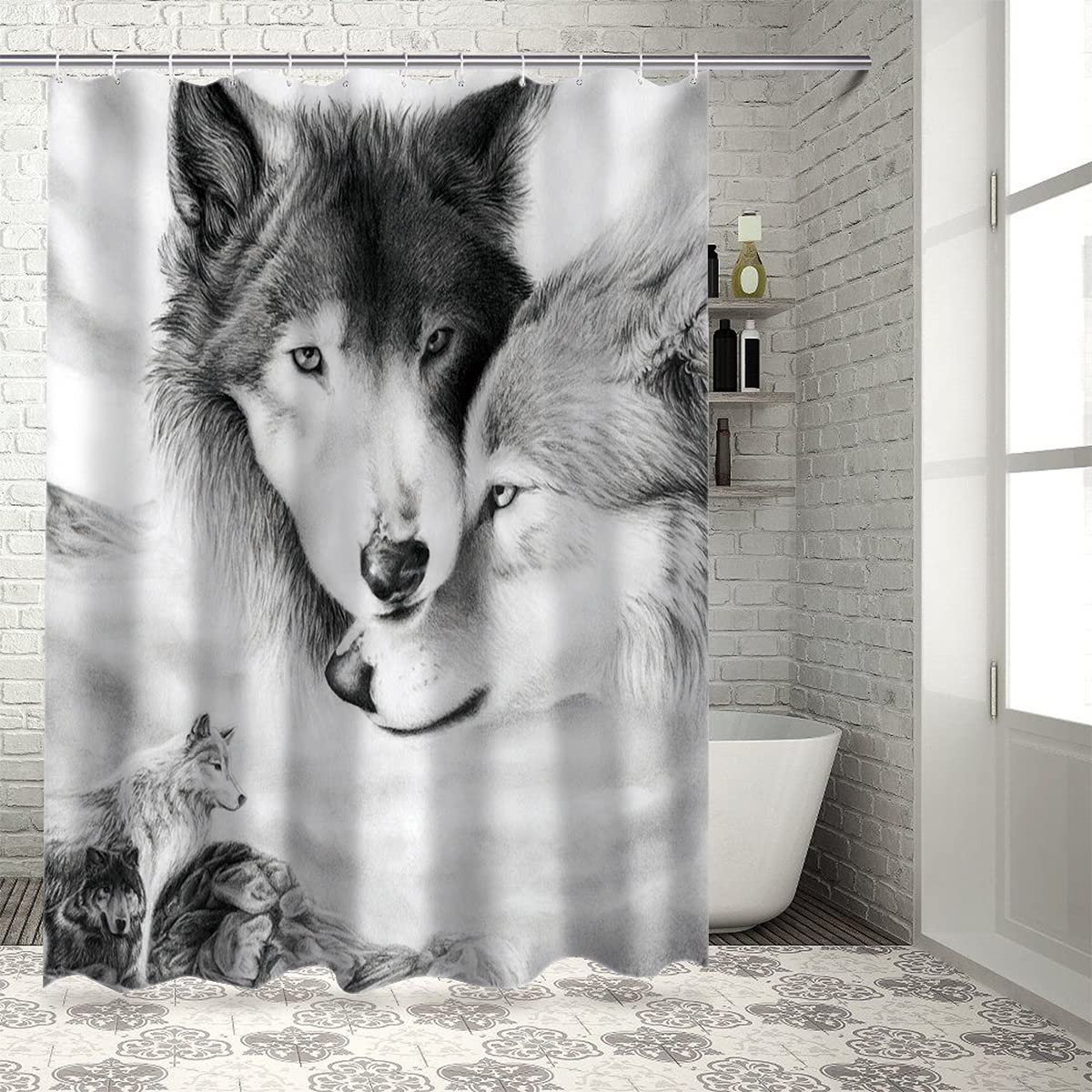 Crystal Emotion Wolf Love Fantastic Wild Animal Sketch Style Wolf Love Fantastic Wild Animal Sketch Style Sold Shower Curtain Bath Decor Curtain