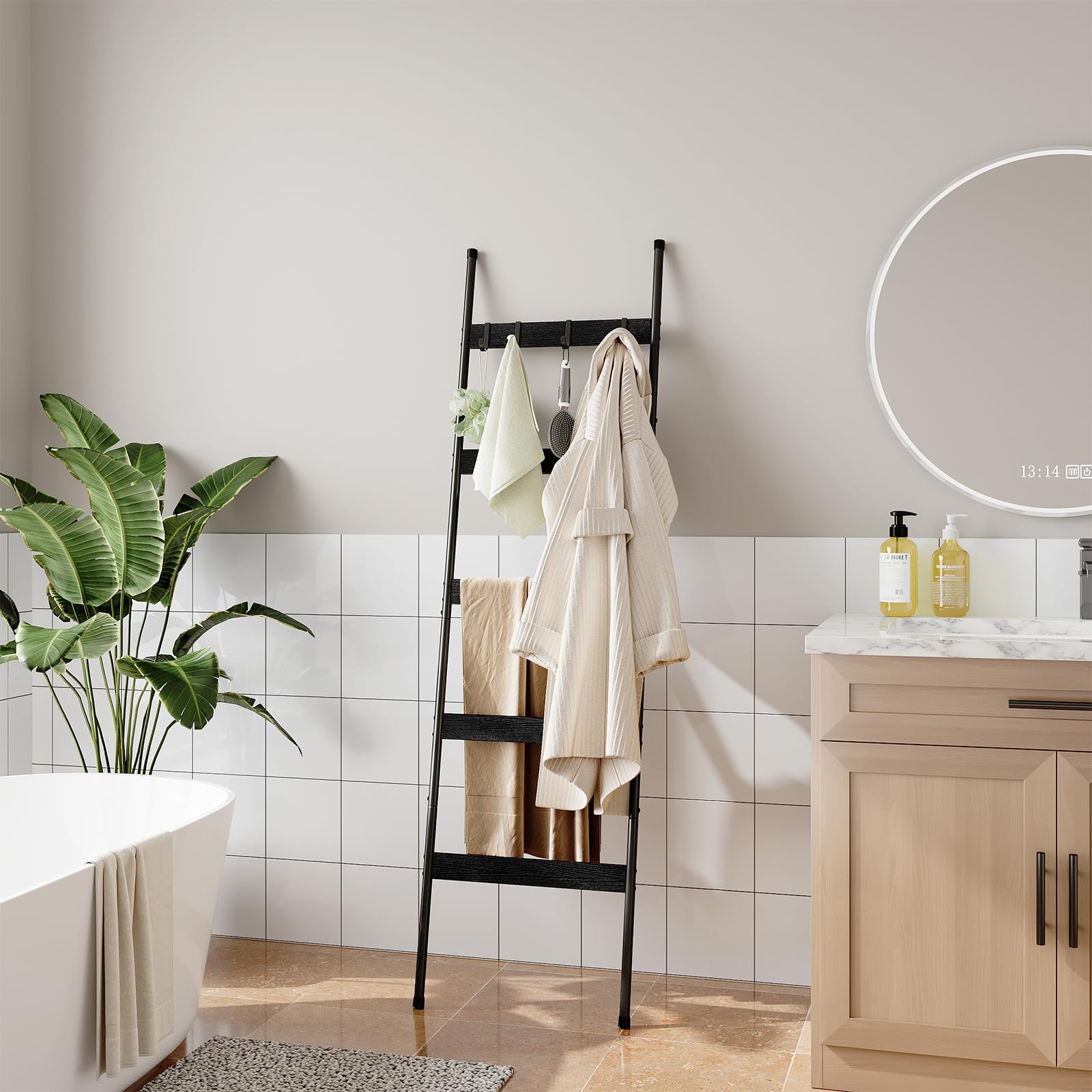 Escalera para manta para sala de estar, soporte de edredón de 5 niveles con 4 ganchos extraíbles para baño, estante de toallas de madera, soporte decorativo inclinado para anclaje de pared para 5
