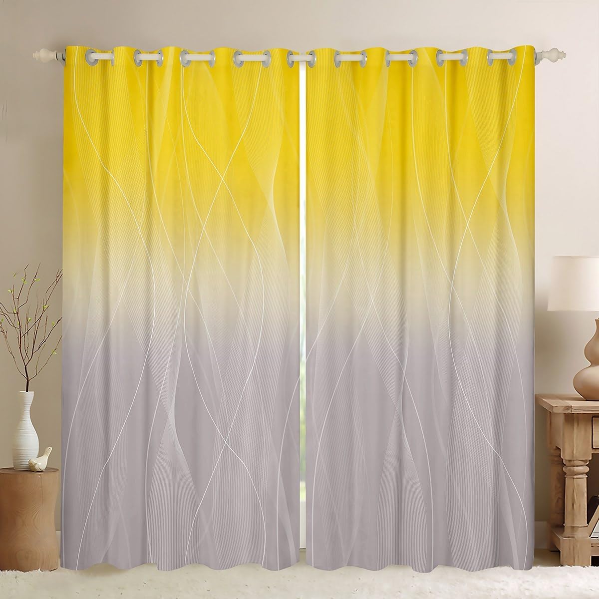 jejeloiu Yellow Darkening Drapes Kids Ombre Grey Strip Lines Curtains for Bedroom Living Room Gradient Style 30%-50% Blackout Curtains for Women Men Lightweight Abstract Window Treatments s