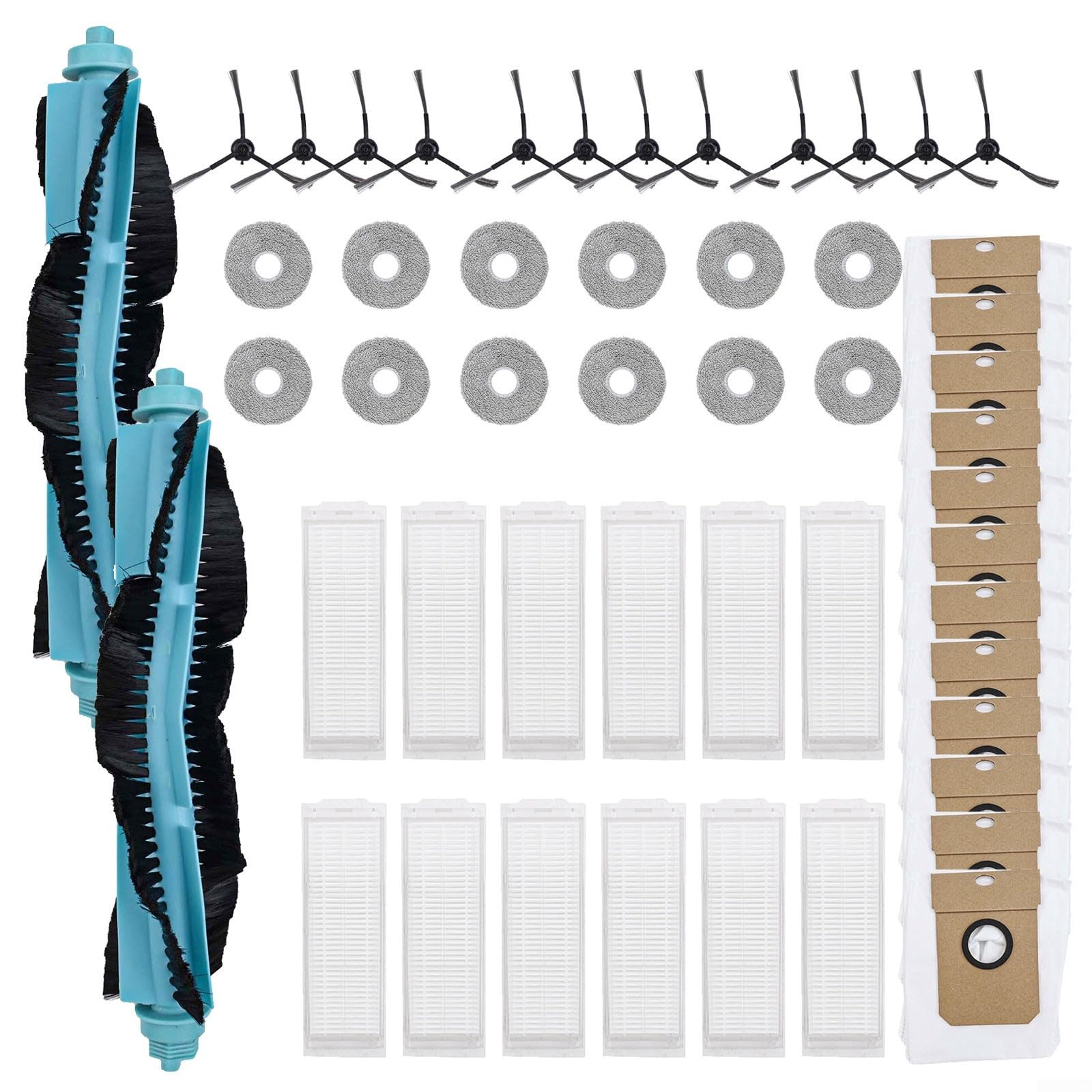 Partes de aspiradora para Cecotec para conga 11090, incluye 2 cepillos principales, 12 cepillos laterales, 12 filtros, 12 paños de fregona, 12 bolsas de polvo de plástico, nailon, microfibra