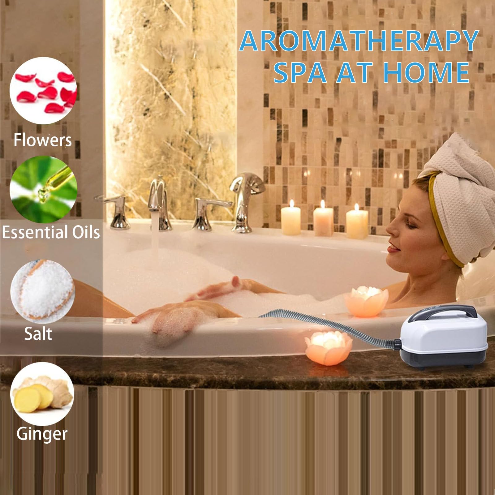 Tappetino da bagno antiscivolo con cuscino gonfiabile e telecomando, macchina per massaggio completo del corpo con funzione bolle e regolazione a 6 velocità per rilassarsi a casa
