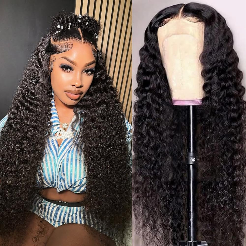 13x6 Deep Wave Lace Front Wigs Human Hair 200 Density 26 Inch HD Lace Deep Wave Frontal Wigs Pre Plucked with Baby Hair Deep Curly Glueless Wigs Wigs for Women Natural Black